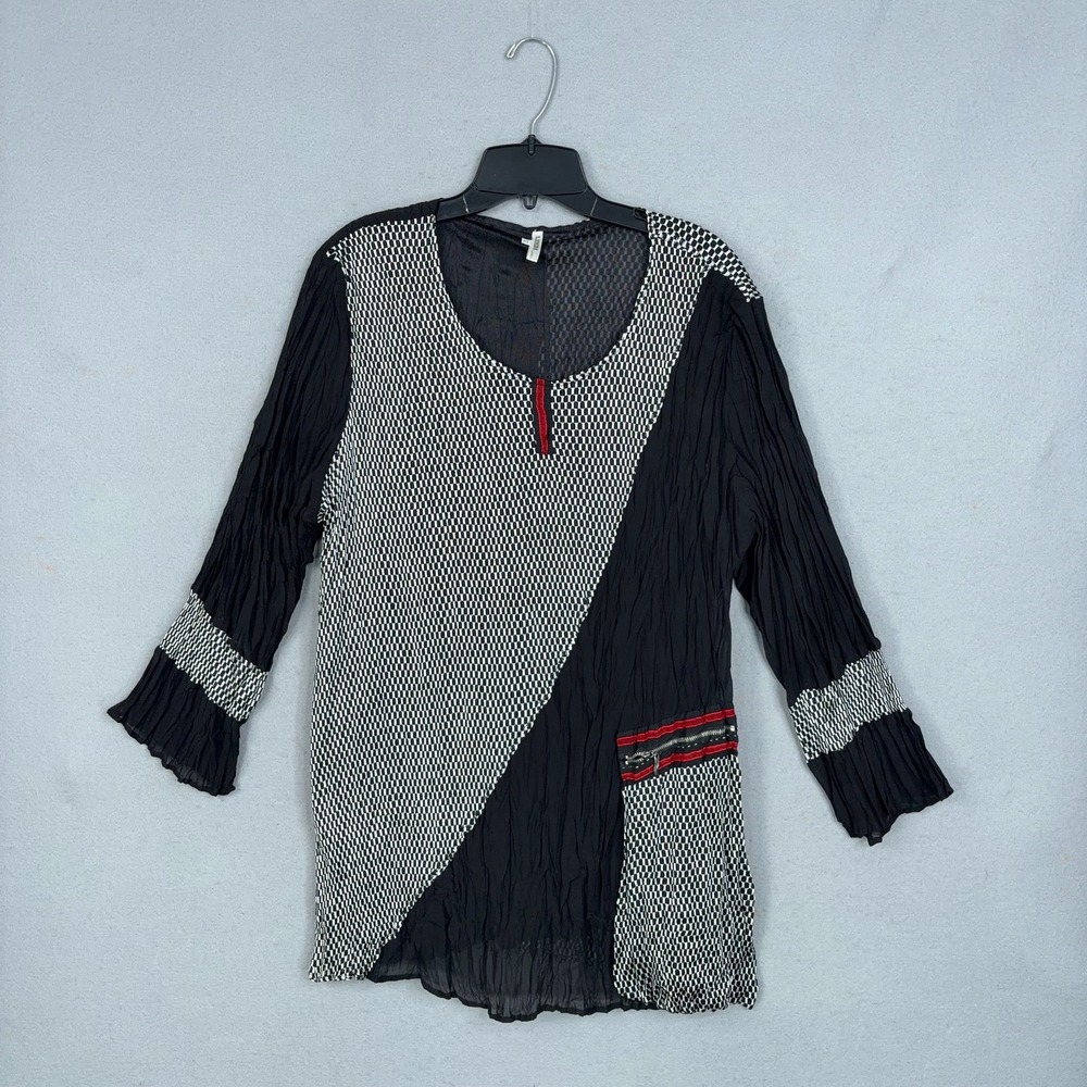 Lindi Tunic Top Womens XL Black White Checkered Crinkle 3/4 Sleeve Art To Wear